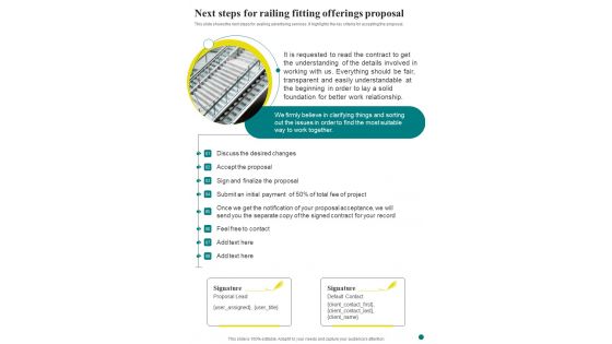 Next Steps For Railing Fitting Offerings Proposal One Pager Sample Example Document