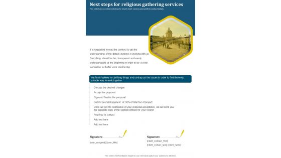 Next Steps For Religious Gathering Services One Pager Sample Example Document