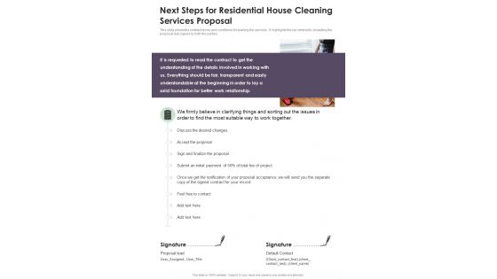 Next Steps For Residential House Cleaning Services Proposal One Pager Sample Example Document