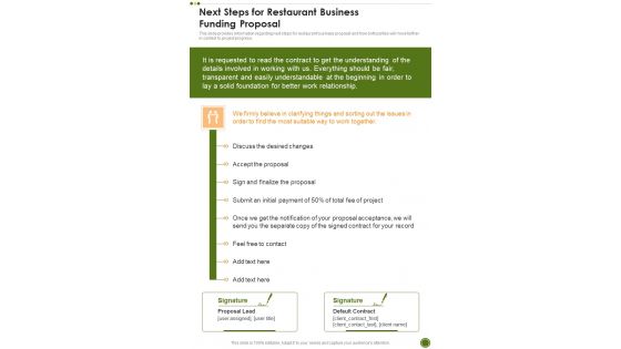 Next Steps For Restaurant Business Funding Proposal One Pager Sample Example Document