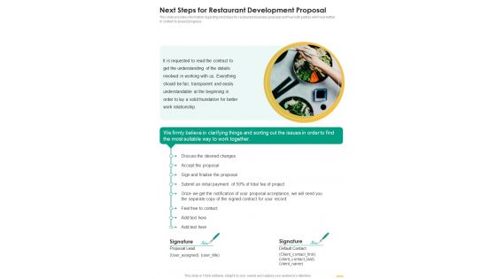 Next Steps For Restaurant Development Proposal One Pager Sample Example Document