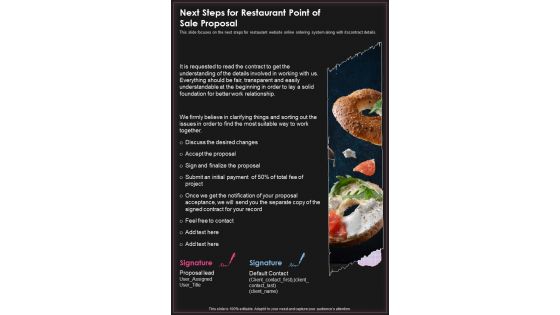 Next Steps For Restaurant Point Of Sale Proposal One Pager Sample Example Document