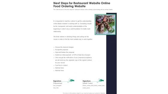 Next Steps For Restaurant Website Online Food Ordering Website One Pager Sample Example Document