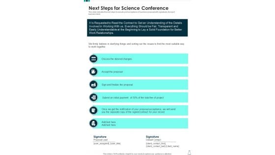 Next Steps For Science Conference One Pager Sample Example Document