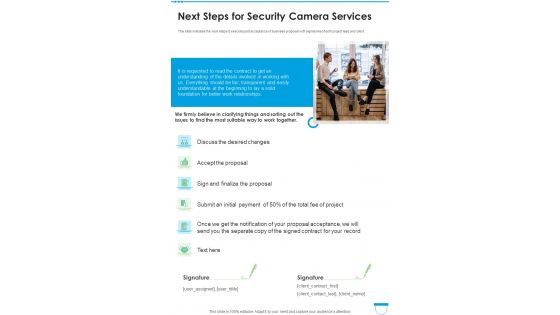 Next Steps For Security Camera Services One Pager Sample Example Document