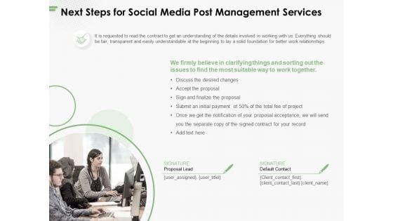 Next Steps For Social Media Post Management Services Ppt PowerPoint Presentation Outline Layouts PDF