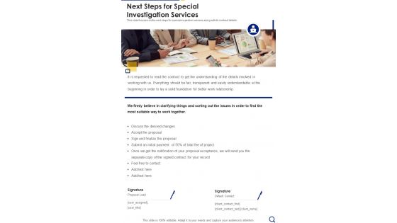 Next Steps For Special Investigation Services One Pager Sample Example Document