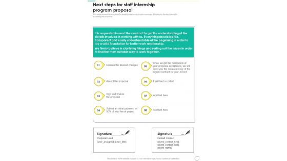 Next Steps For Staff Internship Program Proposal One Pager Sample Example Document