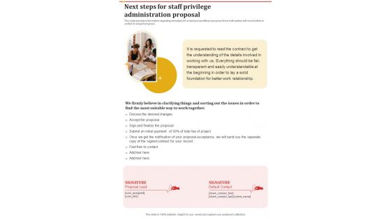 Next Steps For Staff Privilege Administration Proposal One Pager Sample Example Document Next Steps For Staff Privilege Administration Proposal One Pager Sample Example Document