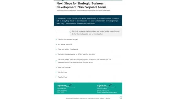 Next Steps For Strategic Business Development Plan Proposal Team One Pager Sample Example Document Next Steps For Strategic Business Development Plan Proposal Team One Pager Sample Example Document