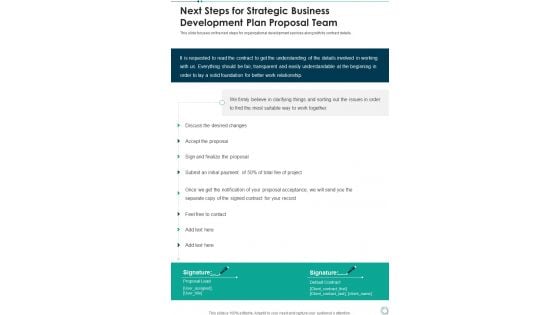 Next Steps For Strategic Business Development Plan Proposal Team One Pager Sample Example Document