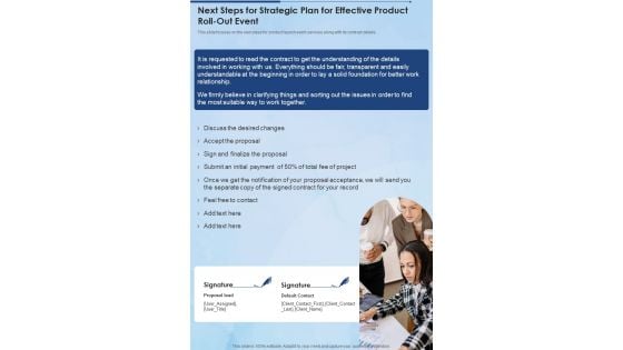 Next Steps For Strategic Plan For Effective Product Roll Out Event One Pager Sample Example Document Next Steps For Strategic Plan For Effective Product Roll Out Event One Pager Sample Example Document