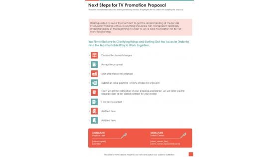 Next Steps For TV Promotion Proposal One Pager Sample Example Document Next Steps For TV Promotion Proposal One Pager Sample Example Document