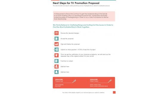 Next Steps For TV Promotion Proposal One Pager Sample Example Document