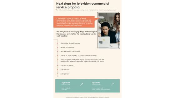 Next Steps For Television Commercial Service Proposal One Pager Sample Example Document