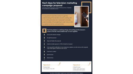 Next Steps For Television Marketing Campaign Proposal One Pager Sample Example Document