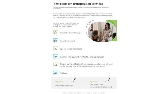 Next Steps For Transpiration Services One Pager Sample Example Document