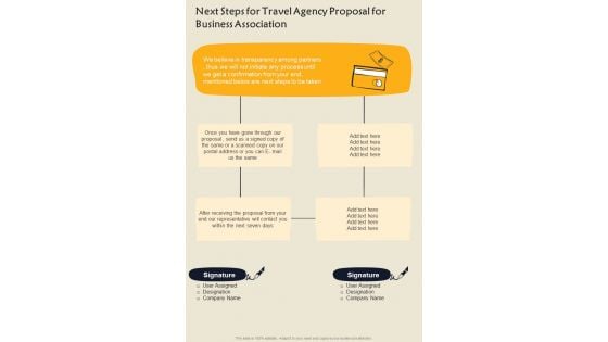 Next Steps For Travel Agency Proposal For Business Association One Pager Sample Example Document Next Steps For Travel Agency Proposal For Business Association One Pager Sample Example Document