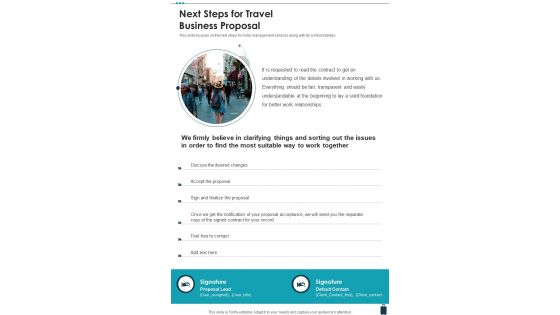 Next Steps For Travel Business Proposal One Pager Sample Example Document