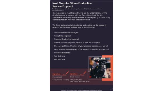 Next Steps For Video Production Service Proposal One Pager Sample Example Document