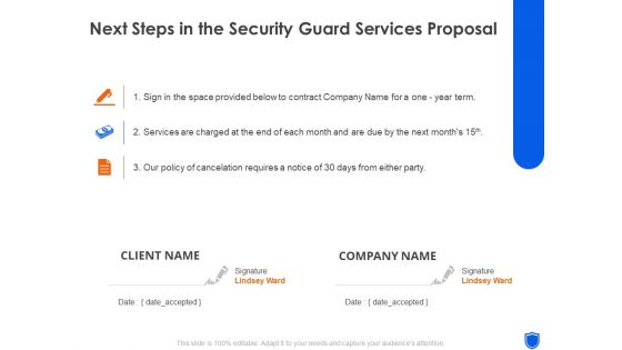 Next Steps In The Security Guard Services Proposal Ppt Outline Inspiration PDF