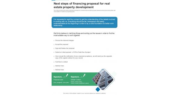 Next Steps Of Financing Proposal For Real Estate Property Development One Pager Sample Example Document