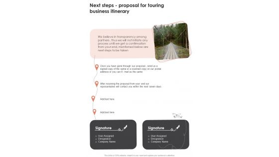 Next Steps Proposal For Touring Business Itinerary One Pager Sample Example Document