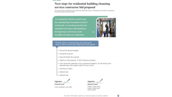 Next Steps Residential Building Cleansing Services Contractor Bid Proposal One Pager Sample Example Document