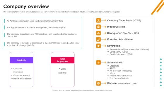 Nielsen Business Profile Company Overview Ppt PowerPoint Presentation File Icon PDF