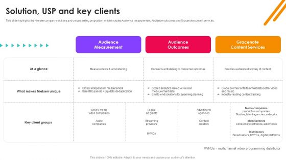 Nielsen Business Profile Solution USP And Key Clients Ppt PowerPoint Presentation Diagram PDF