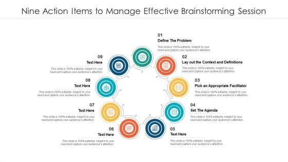 Nine Action Items To Manage Effective Brainstorming Session Ppt PowerPoint Presentation Gallery Tips PDF