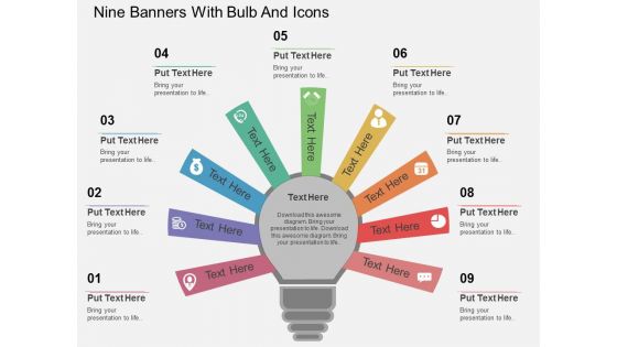 Nine Banners With Bulb And Icons Powerpoint Template