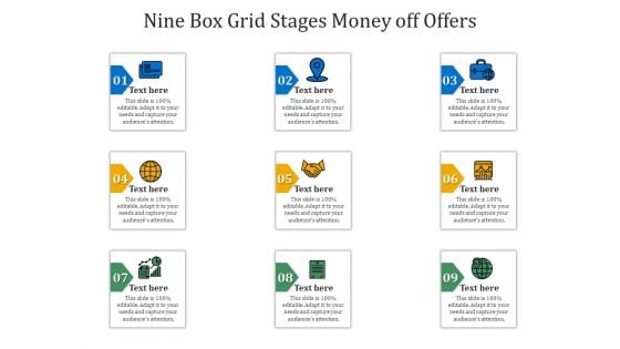 Nine Box Grid Stages Money Off Offers Ppt PowerPoint Presentation Gallery Graphics Design PDF