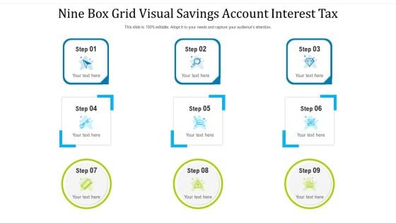 Nine Box Grid Visual Savings Account Interest Tax Ppt PowerPoint Presentation Icon Infographics PDF