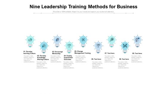 Nine Leadership Training Methods For Business Ppt PowerPoint Presentation Outline Infographics PDF Nine Leadership Training Methods For Business Ppt PowerPoint Presentation Outline Infographics PDF