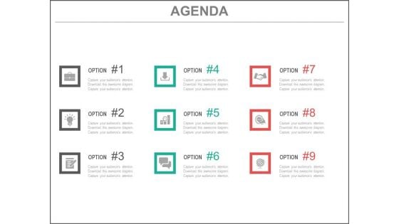 Nine Options Infographics Agenda Powerpoint Slides Nine Options Infographics Agenda Powerpoint Slides