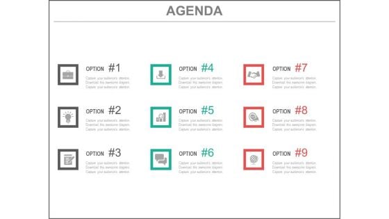 Nine Options Infographics Agenda Powerpoint Slides