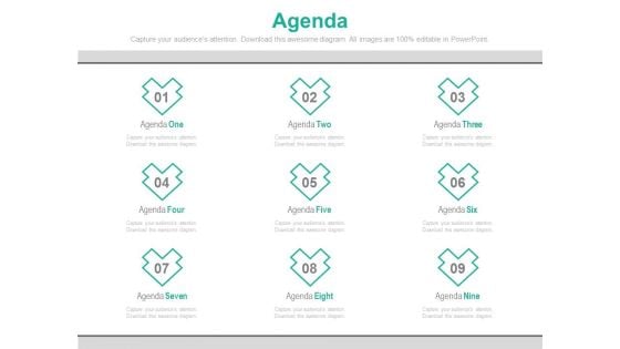 Nine Points For Implementation Of Agenda Powerpoint Slides