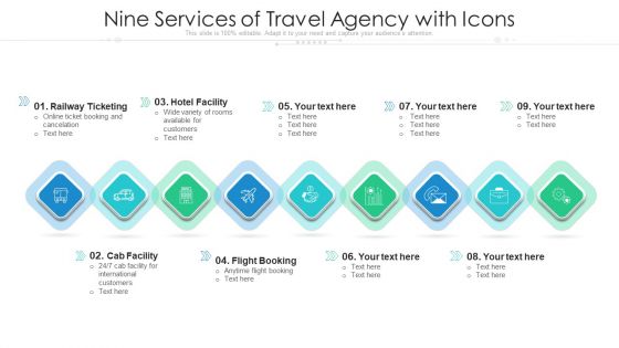 Nine Services Of Travel Agency With Icons Ppt PowerPoint Presentation Gallery Design Templates PDF