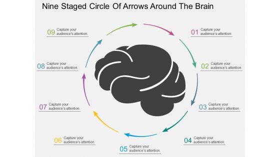 Nine Staged Circle Of Arrows Around The Brain Powerpoint Template