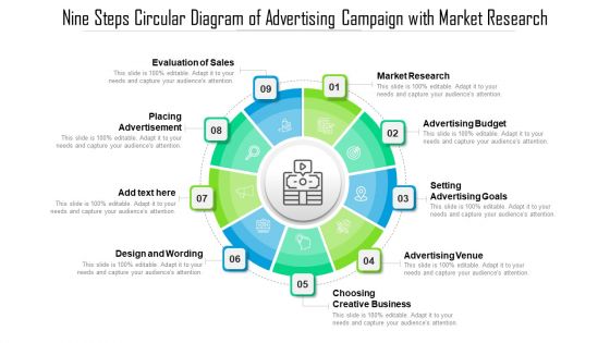 Nine Steps Circular Diagram Of Advertising Campaign With Market Research Ppt Infographic Template Template PDF