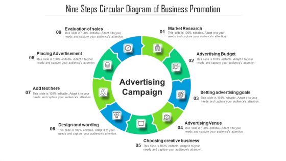 Nine Steps Circular Diagram Of Business Promotion Ppt Infographic Template Gridlines PDF