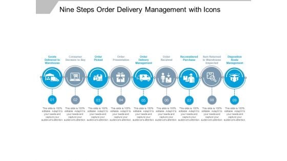 Nine Steps Order Delivery Management With Icons Ppt PowerPoint Presentation Model Graphics Template