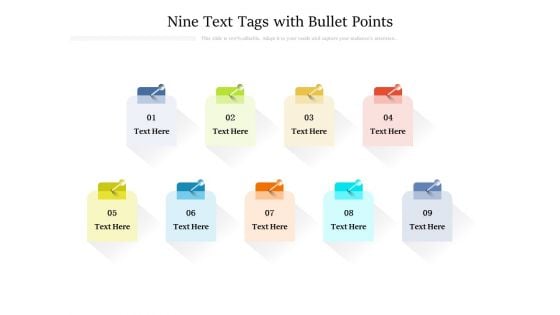 Nine Text Tags With Bullet Points Ppt PowerPoint Presentation Slides Portrait PDF