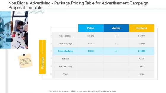 Non Digital Advertising Package Pricing Table For Advertisement Campaign Proposal Template Structure PDF