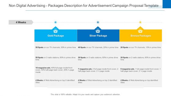Non Digital Advertising Packages Description For Advertisement Campaign Proposal Template Pictures PDF