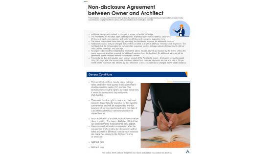 Non Disclosure Agreement Between Owner And Architect One Pager Sample Example Document