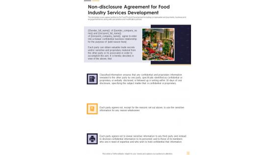 Non Disclosure Agreement For Food Industry Services Development One Pager Sample Example Document