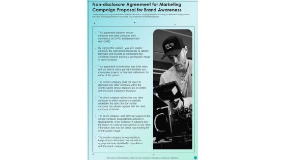 Non Disclosure Agreement For Marketing Campaign For Brand Awareness One Pager Sample Example Document Non Disclosure Agreement For Marketing Campaign For Brand Awareness One Pager Sample Example Document