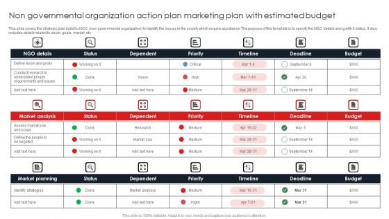 Non Governmental Organization Action Plan Marketing Plan With Estimated Budget Designs PDF